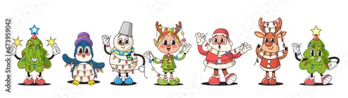 Retro Christmas Characters. Jolly Santa In A Vintage Red Suit, A Classic Snowman With A Bucket, Penguin With A Top Hat