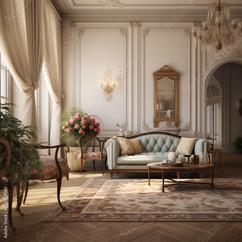 photo shot in Detail shot  classical living room  3d render. AI generated