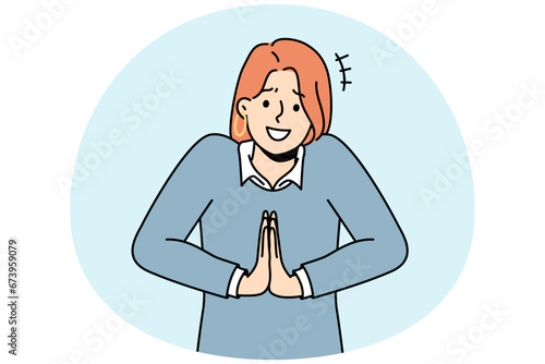 Smiling young woman hold hands in prayer asking for favor. Millennial female beg someone kindness or service. Vector illustration.
