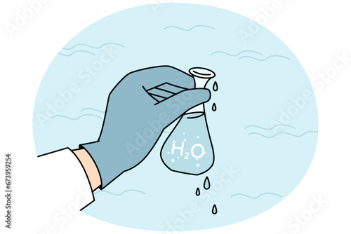Closeup of researcher hand in glove holding tube with water sample for analysis or diagnostic. Scientist take aqua for analyzing in laboratory. Microbiology and science. Vector illustration.