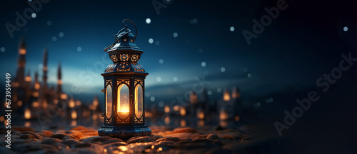 Ramadan lamp on the desert with the moon. Generative Ai.