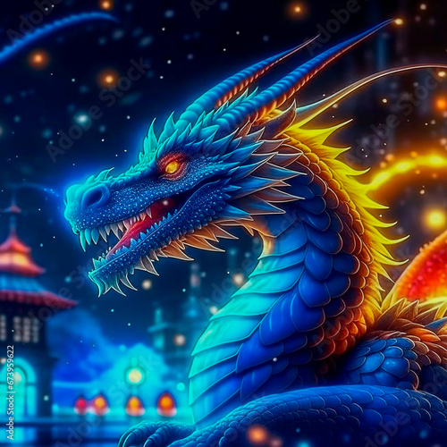 Dragon against the background of Christmas lights. Chinese New Year . 2024