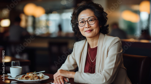 Middle Aged Asian Business Woman wearing Suit sitting at Restaurant Table for Lunch Breakfast Coffee Smiling Looking at Camera  Wearing Glasses
