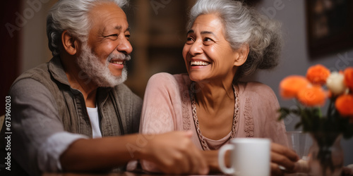 Best Friends Chatting: Senior Ethnic Couple Enjoying Coffee
