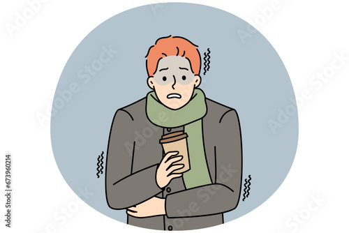 Unhappy young man in outerwear hold takeaway coffee freezing outdoors. Distressed guy with warm drink in hands suffer from cold weather. Vector illustration.