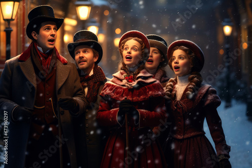 A group of carolers dressed in Victorian-era attire, singing on a snow-covered street, evoking the nostalgia of bygone Christmas traditions.