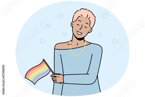 Smiling woman hold LGBT flag support social minorities. Happy girl with LGBTQ symbol in hands stand for freedom and human rights. Homosexuality. Vector illustration.