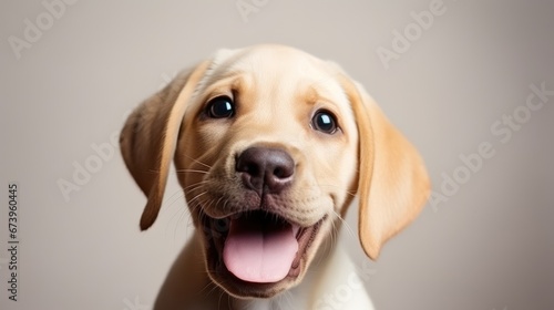 Smiling happy Chocolate labrador retriever puppy posing on light background studio photo