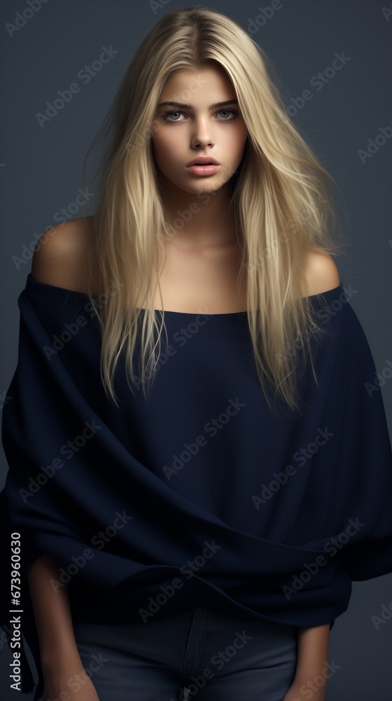 blonde teenager woman wearing a navy blue wide neck sweater, product apparel photography style, studio photoshoot, light white gray studio background. AI generated blonde teenager woman wearing a navy blue wide neck sweater, product apparel photography style, studio photoshoot, light white gray studio background. AI generated