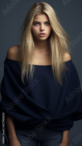 blonde teenager woman wearing a navy blue wide neck sweater,  product apparel photography style, studio photoshoot, light white gray studio background. AI generated © DayDay Studio