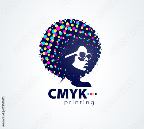 Logo print polygraphy and cmyk printing theme, a black girl face and hair circles silhouette vector