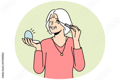 Smiling elderly woman look in mirror doing makeup. Happy optimistic mature grandmother do beauty procedures at home. Vector illustration.