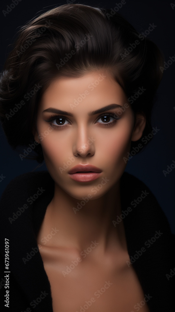 black haired woman wearing a black wide neck sweater, product apparel photography style, studio photoshoot, light white gray studio background. AI generated black haired woman wearing a black wide neck sweater, product apparel photography style, studio photoshoot, light white gray studio background. AI generated