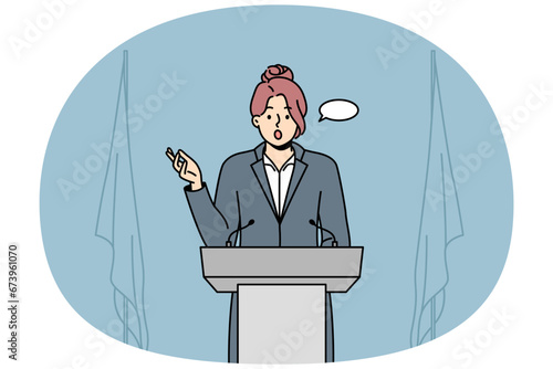 Businesswoman with speech bubble above head speak at conference. Female employee in formalwear make presentation at business meeting or seminar. Vector illustration.