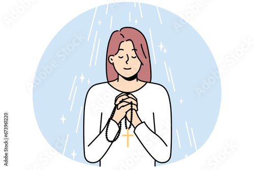 Young woman with rosary in hands praying. Religious superstitious girl with beads talk to God ask about good fate. Religion and faith. Vector illustration.