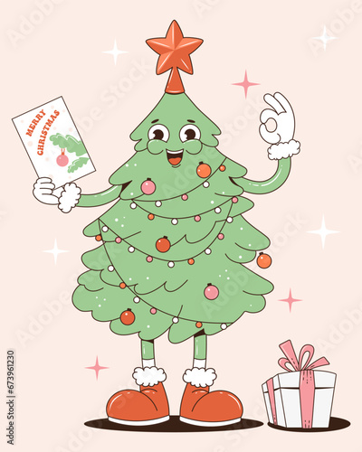 Christmas tree with a star in the hands of a gift and greeting card. Cartoon character in the popular 70s groove style. Merry Christmas and Happy New Year.