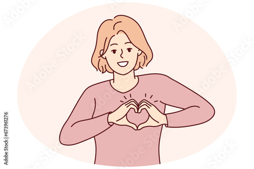 Smiling young woman show heart hand gesture at heart share care and affection. Happy girl demonstrate gratitude. Charity concept. Vector illustration.