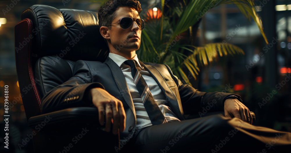 man in sunglasses sitting on a chair