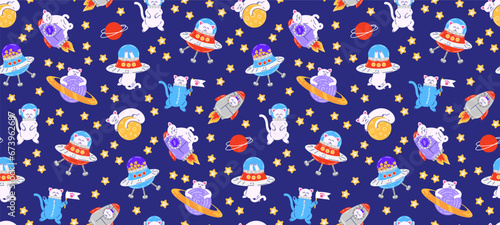 Colorful seamless pattern with pets. Vector background with cute cats in space. Childish abstract print. Pet pattern. Isolated background.