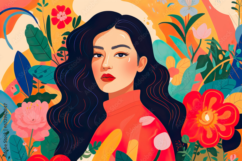 A Stylized Woman's Portrait Amidst Floral Splendor A Stylized Woman's Portrait Amidst Floral Splendor