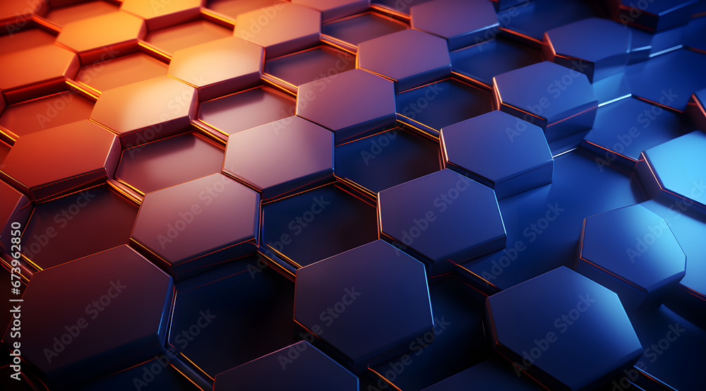 Abstract 3D hexagonal pattern with a glossy texture transitioning from cool blue to warm orange Abstract 3D hexagonal pattern with a glossy texture transitioning from cool blue to warm orange