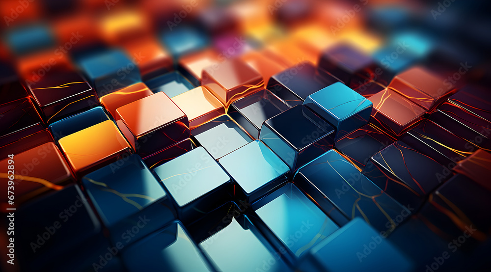 A vibrant 3D geometric cube pattern in a dynamic range of blue to orange colours with a modern, digital feel A vibrant 3D geometric cube pattern in a dynamic range of blue to orange colours with a modern, digital feel