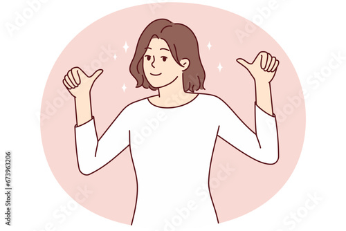 Happy young woman show thumbs up pointing at her. Smiling female feel confident and successful recommend candidature. Vector illustration.