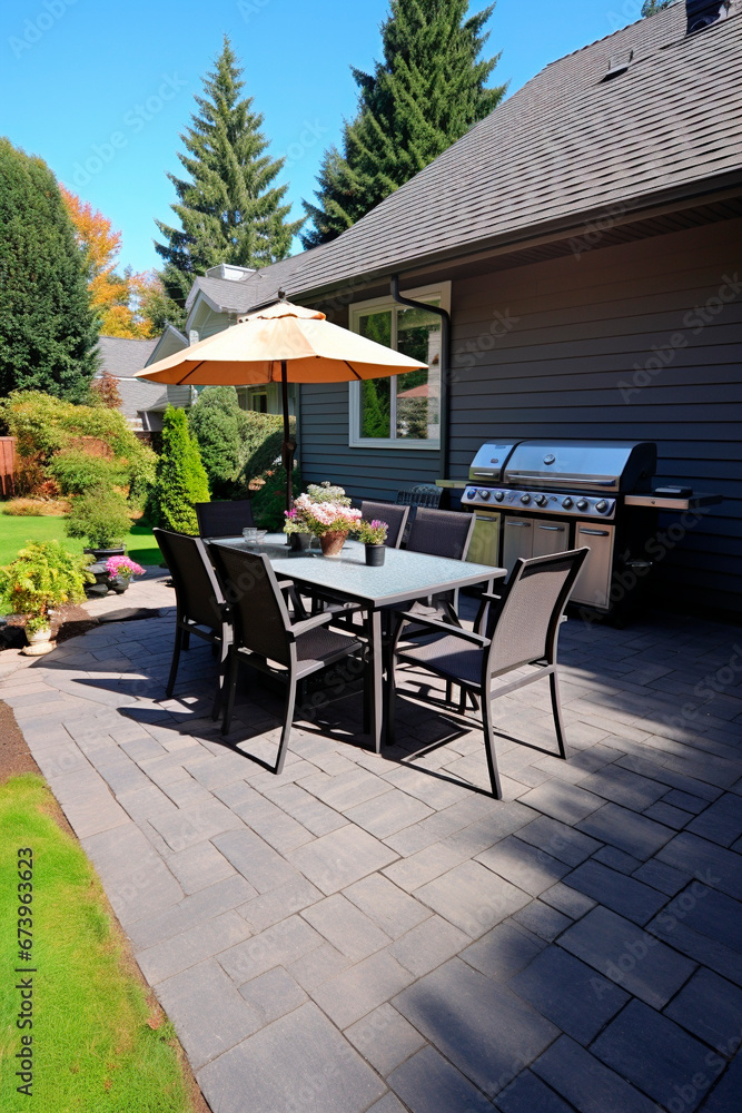 Relaxation area in the backyard of the villa, patio with grill, table and chairs for guests. Relaxation area in the backyard of the villa, patio with grill, table and chairs for guests.
