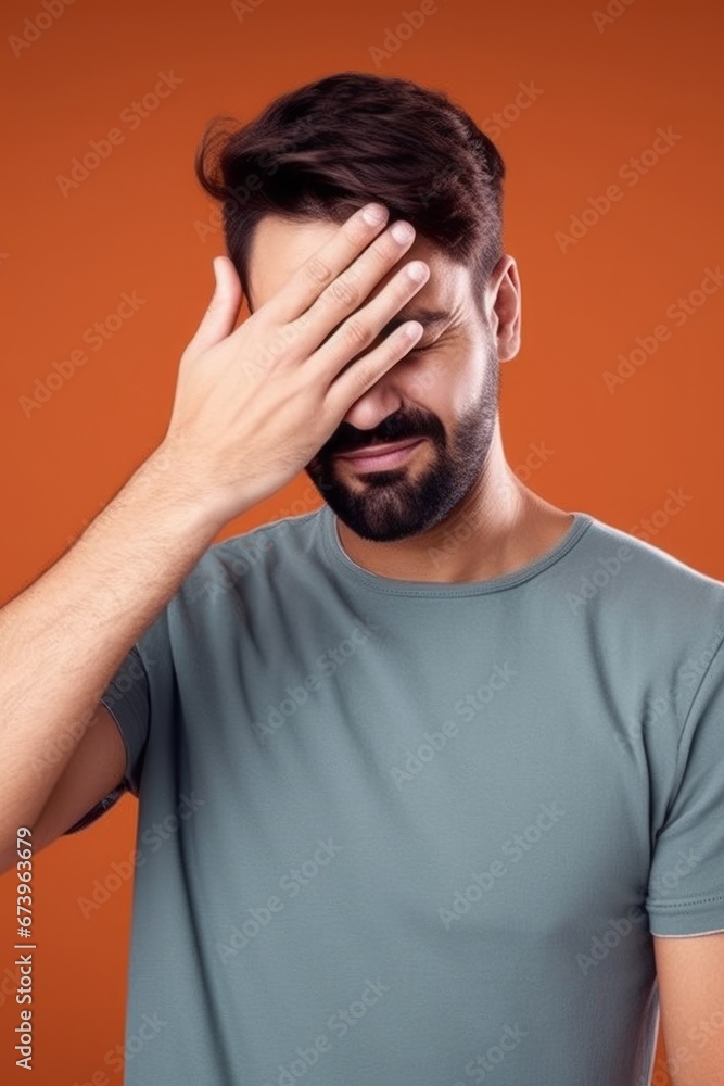 Tired young man keeps hand on forehead, handsome guy wearing gray casual shirt, posing with closed eyes over orange studio background, suffers from headache. Stress or problem concept. Tired young man keeps hand on forehead, handsome guy wearing gray casual shirt, posing with closed eyes over orange studio background, suffers from headache. Stress or problem concept.