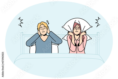 Unhappy couple in bed suffer from excessive noise unable to sleep. Upset distressed man and woman struggle with noisy neighbors. Vector illustration.