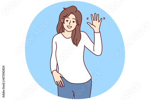 Portrait of smiling young woman wave with hand feeling overjoyed and optimistic. Happy female make hand gesture greeting or welcoming. Vector illustration.