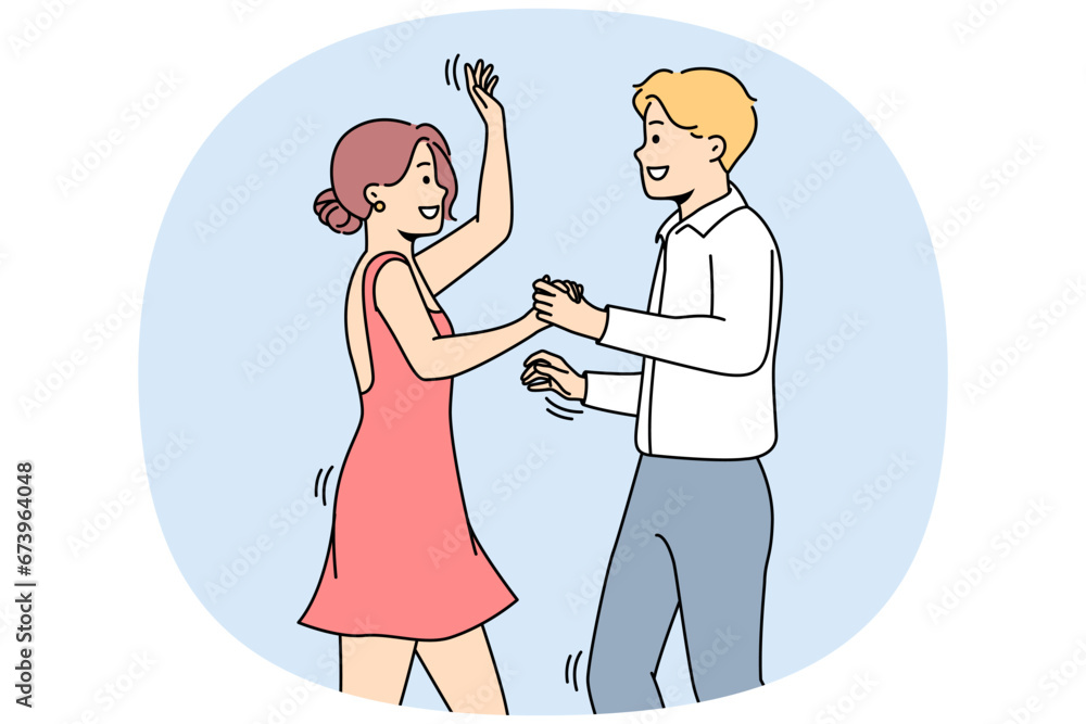 Smiling man and woman dancing together having fun. Happy couple perform at dance competition. Hobby and occupation. Vector illustration. Smiling man and woman dancing together having fun. Happy couple perform at dance competition. Hobby and occupation. Vector illustration.