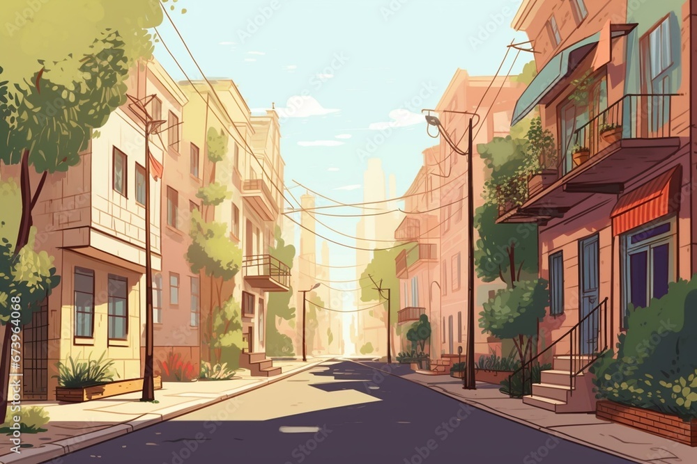 Illustration of a street scenery with fresh greenery. Generative AI