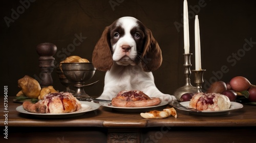 cute puppy dog sitting at the dinner table with lots of dishes © Svetlana
