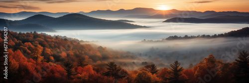 Aerial photo of gently rolling Appalachian mountains fall foliage at sunrise photo