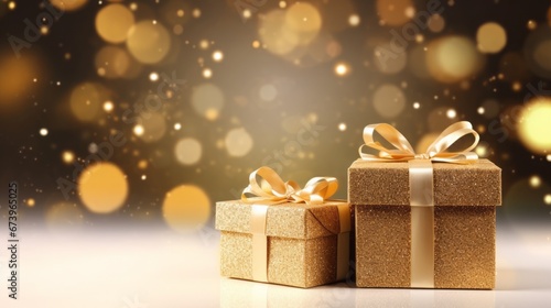 Golden Christmas Gift Boxes Background. Festive Golden Gifts Background. © Petal Palette