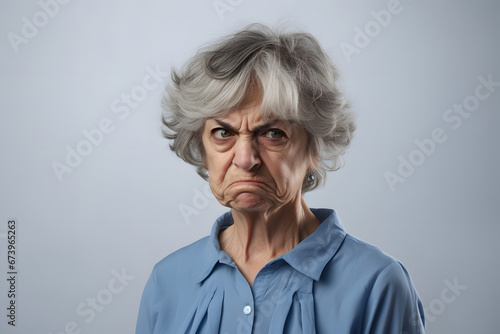 scowl senior Caucasian woman, head and shoulders portrait on gray background. Neural network generated image. Not based on any actual person or scene. © lucky pics