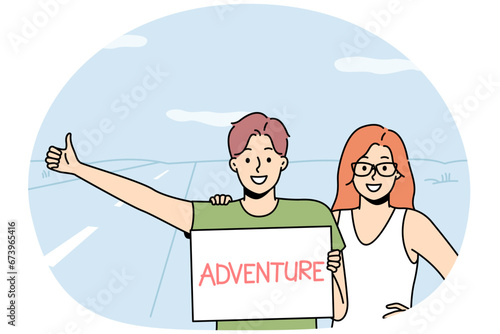 Smiling couple with poster in hands stand on road show hitchhiking gesture. Happy man and woman demonstrate thumb up symbol. Travel for free. Vector illustration.