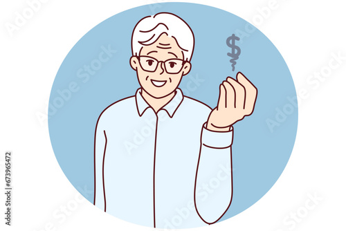 Elderly man showing dollar sign saving money for future. Smiling mature grandfather make money investments gain from rates. Banking and finances. Vector illustration.