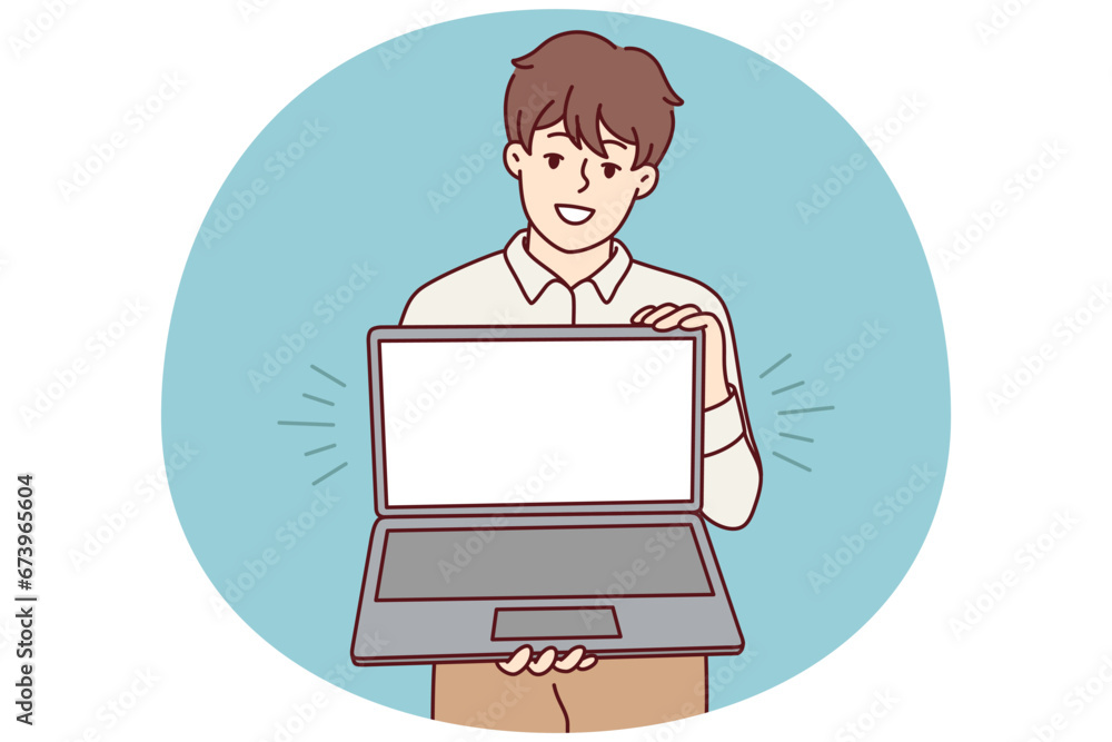 Smiling young man holding laptop with mockup screen. Happy male show empty blank copy space on computer display. Vector illustration. Smiling young man holding laptop with mockup screen. Happy male show empty blank copy space on computer display. Vector illustration.