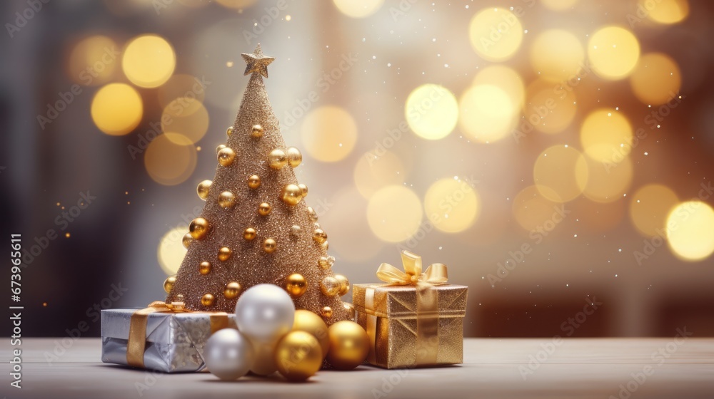 Golden Bauble Christmas Tree with Gifts. Festive Christmas Tree with Golden Baubles and Gifts. 