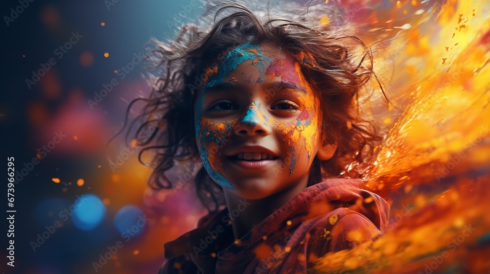 A colorful photograph of a boy at the Holi festival. Generative Ai.