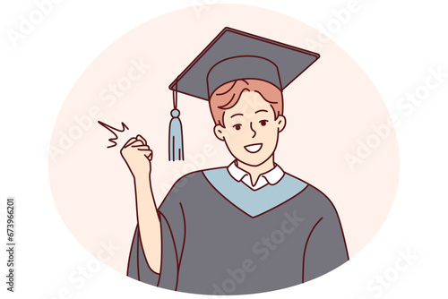 Portrait of smiling male student in mantle and hat make yes hand gesture for successful university graduation. Happy guy graduate in robe. Education. Vector illustration.