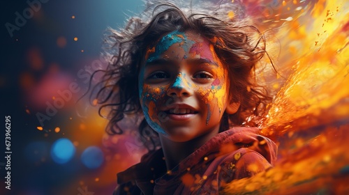 A colorful photograph of a boy at the Holi festival. Generative Ai.