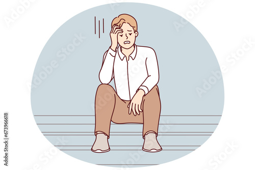Unhappy young man sit on stairs feel distressed with job loss or failure. Upset male stressed with life or business problems, look for solution. Vector illustration.