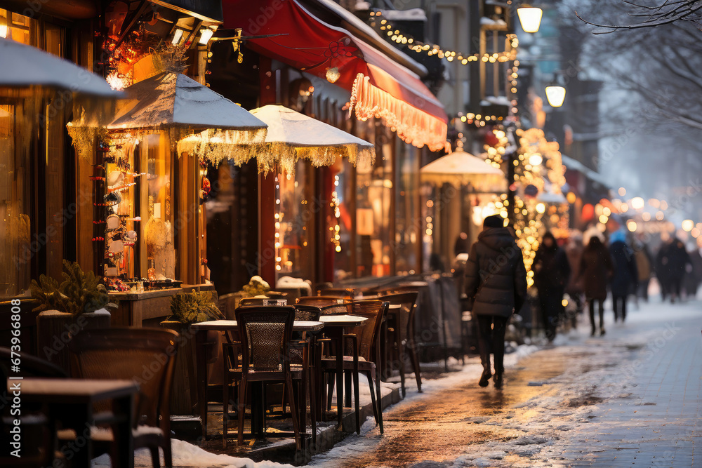 A cozy winter street adorned with Christmas lights and decorations, inviting shoppers into the festive holiday season.