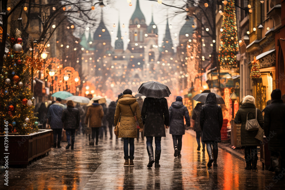 Pedestrians with umbrellas walk through a festive, lit street adorned with Christmas decorations and a dusting of snow.