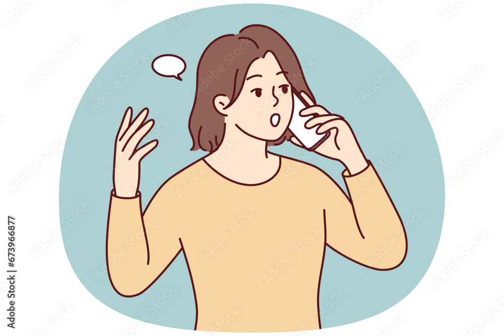 Young woman talking on cellphone shocked with unexpected news. Female have smartphone call surprised with message. Vector illustration. Young woman talking on cellphone shocked with unexpected news. Female have smartphone call surprised with message. Vector illustration.