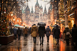 Pedestrians with umbrellas walk through a festive, lit street adorned with Christmas decorations and a dusting of snow.