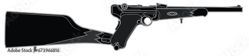Vector illustration of the P08 Luger german automatic pistol with long barrel and wooden handgrip and stock on the white background. Black. Right side.